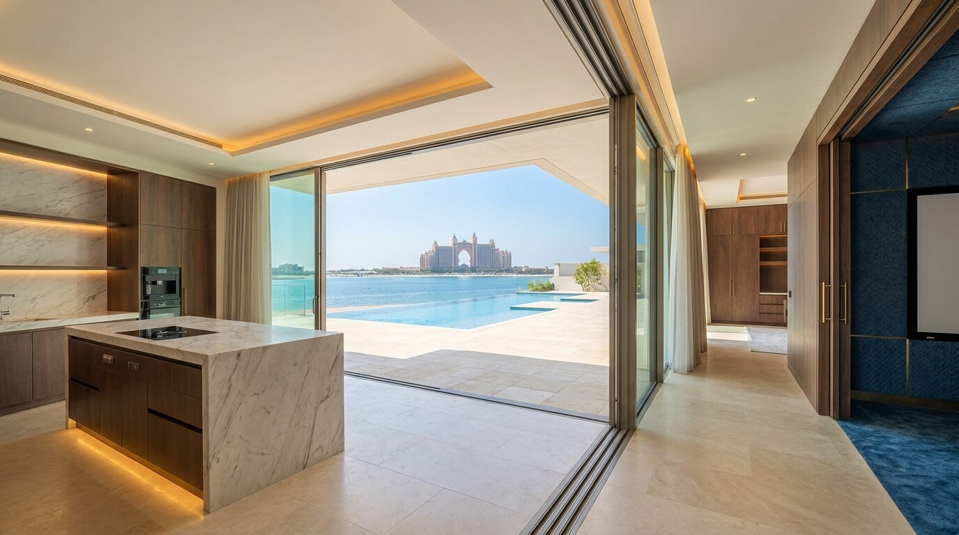 AED 161M Palm Jumeirah Villa Anatomy: What Trophy Buyers Pay For visual reference 1 showing Palm Jumeirah trophy villa interior with cinema entry, marble show kitchen, and pool view toward Atlantis The Royal