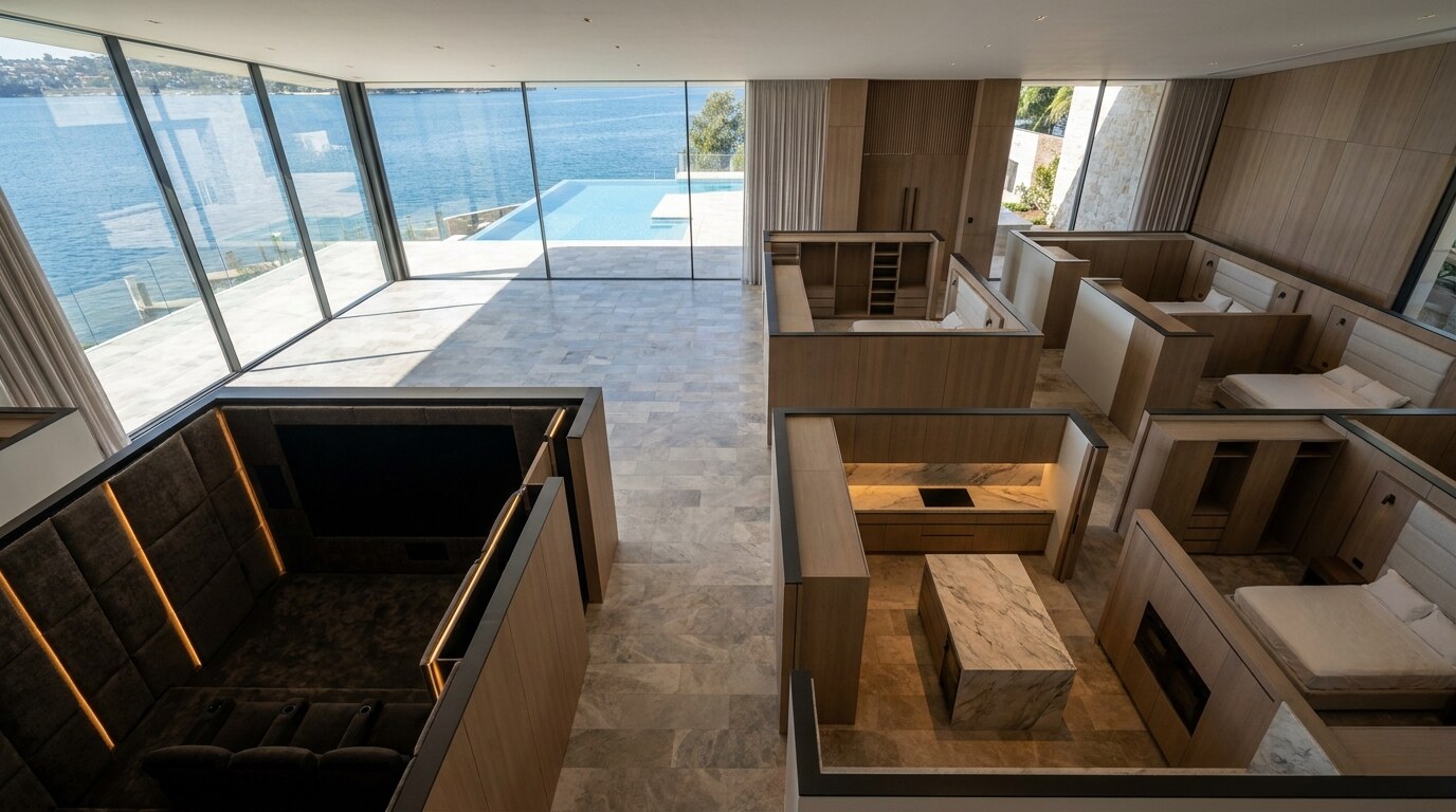AED 161M Palm Jumeirah Villa Anatomy: What Trophy Buyers Pay For visual reference 2 showing floor plan style composition showing six bedroom suites, guest route, staff route, cinema, and pool terrace