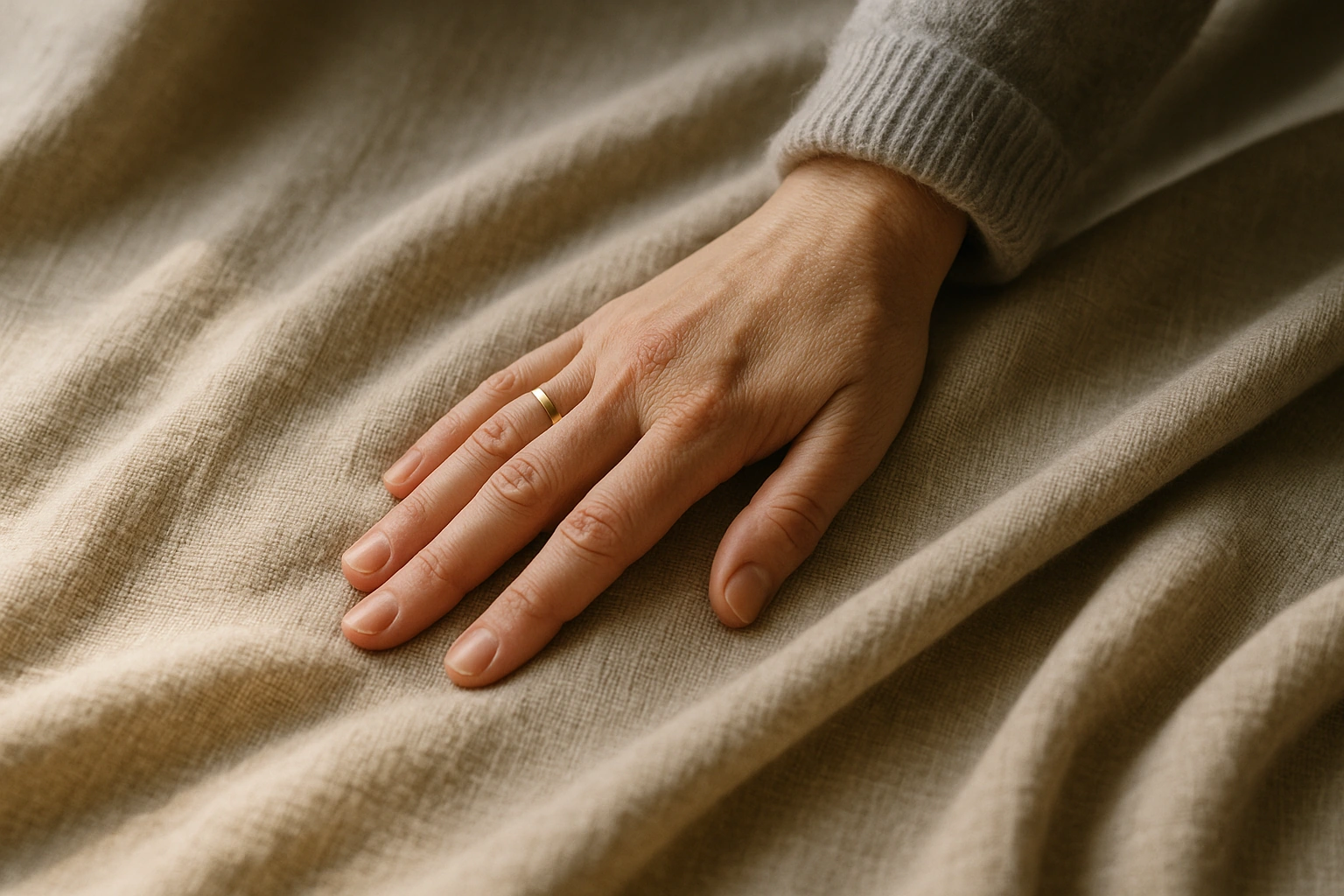 A woman's hand sliding sideways across a draped length of slubby linen upholstery fabric