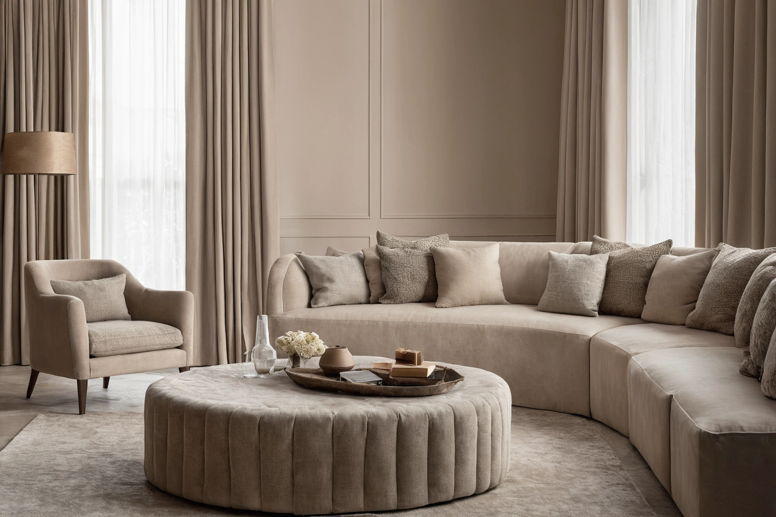 Interior with padded upholstered wall panels, a matte velvet sofa and slubby linen drapery in a quiet neutral palette